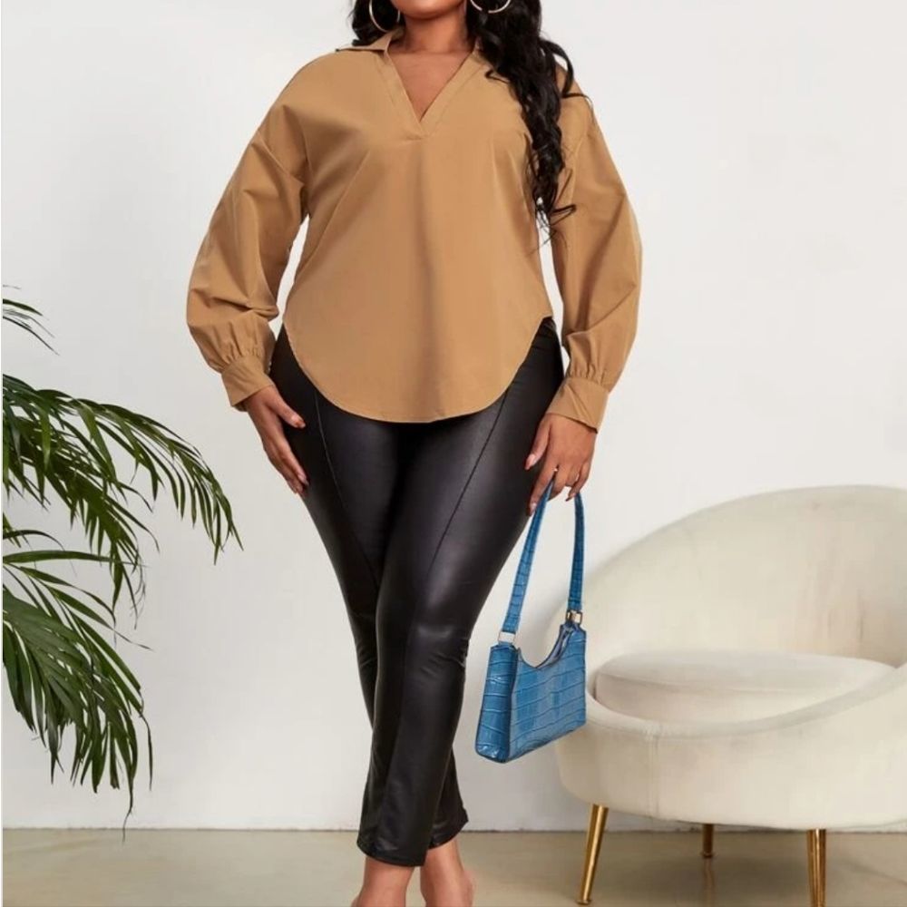 2/$30 Women's Brown V-Neck Drop Shoulder Blouse Plus Size 3XL